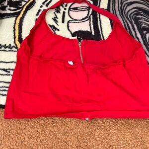 Red halter backless top